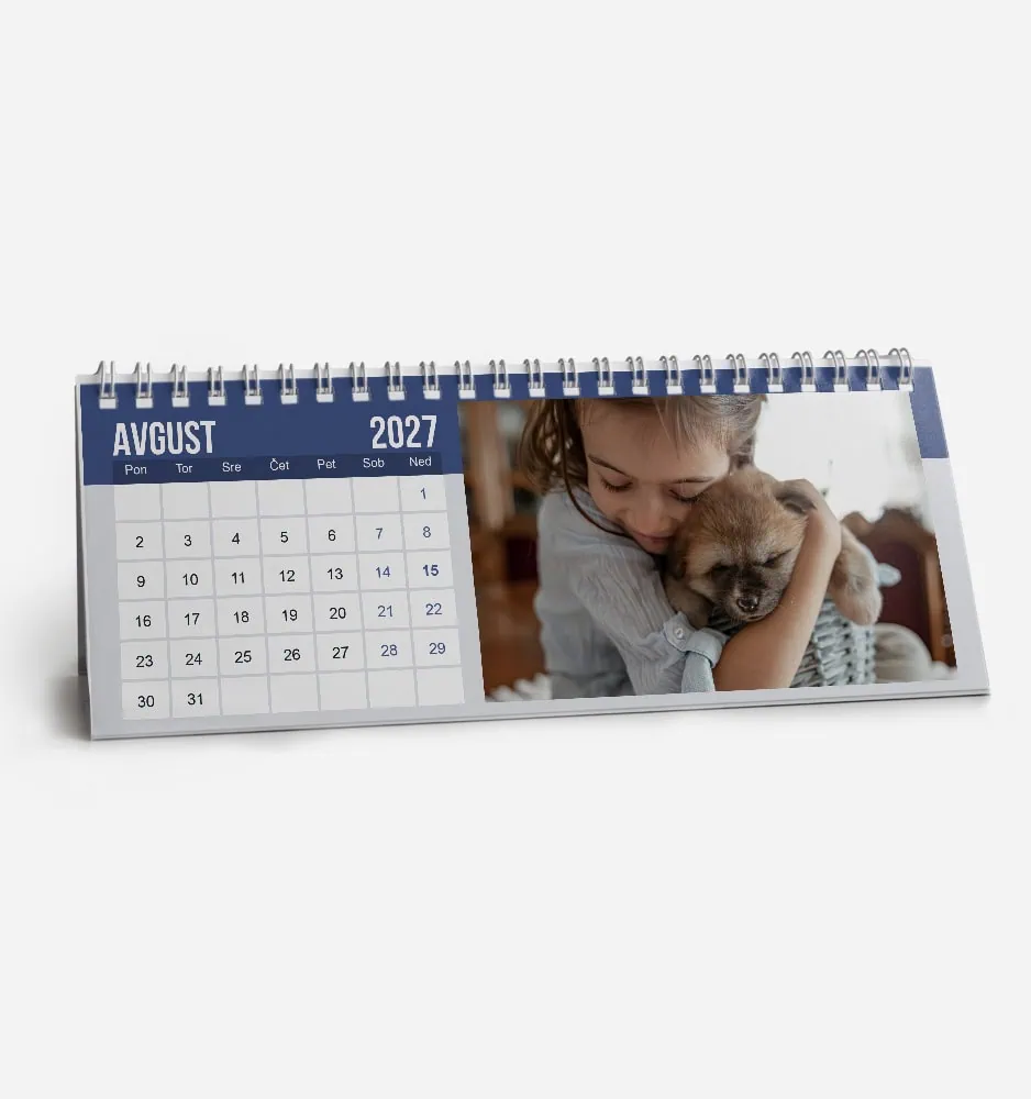 enostavna_namizni_l_3 Desk calendar showing August 2027 with a photo of a girl hugging a puppy.