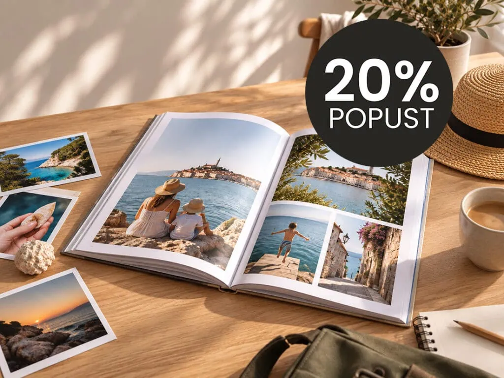 Open photo album with travel pictures on a wooden table with a 20% discount sticker.