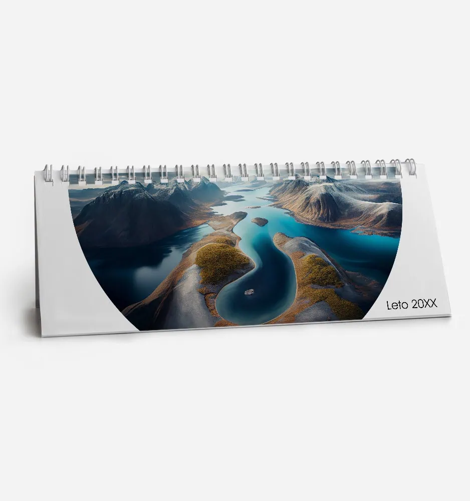Custom 2020 desk calendar with scenic mountain and lake landscape.