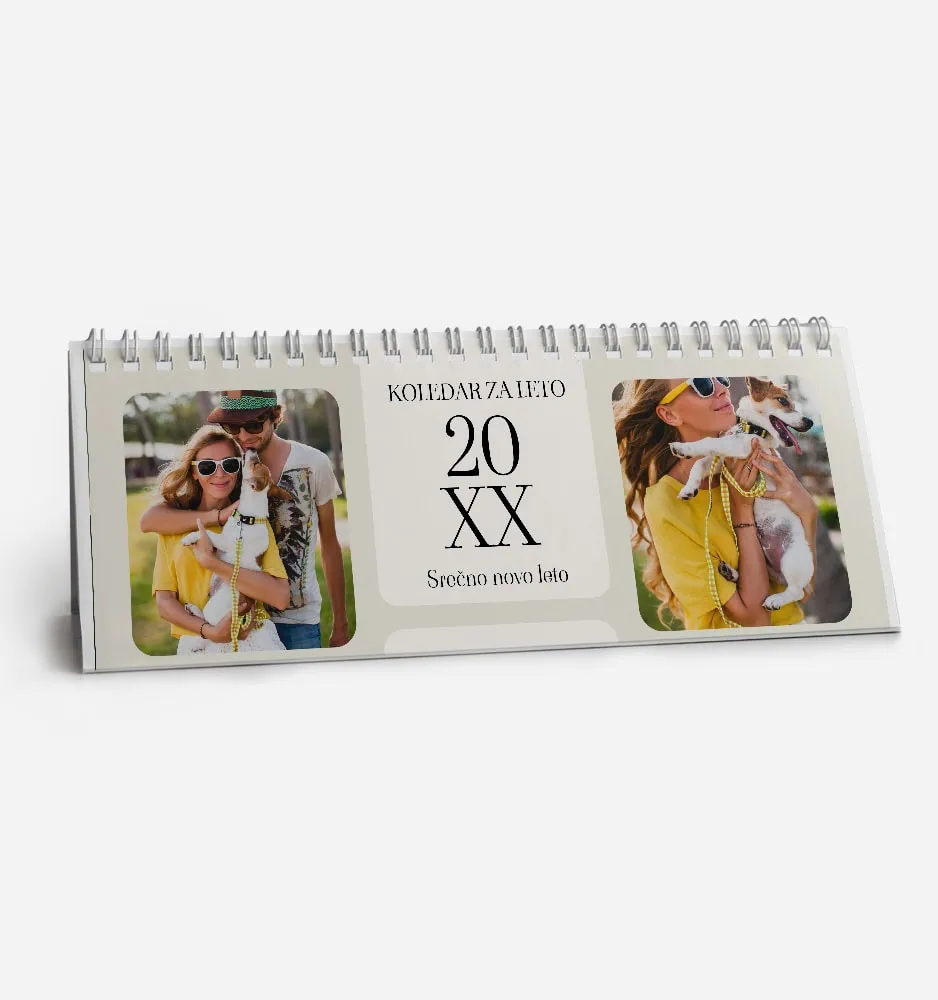 Personalized desk calendar with family photos and New Year 20XX message.