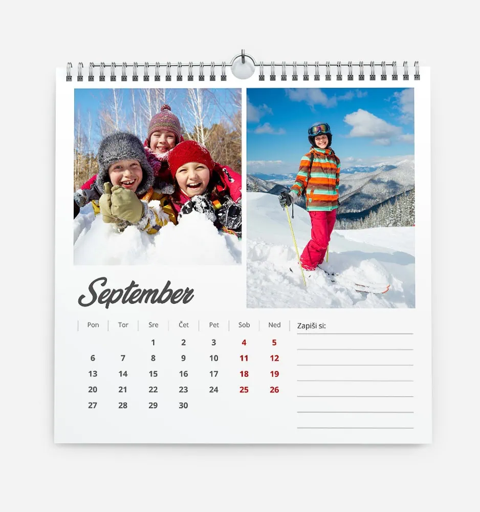 September winter scene with children playing in snow and a skier on mountain.