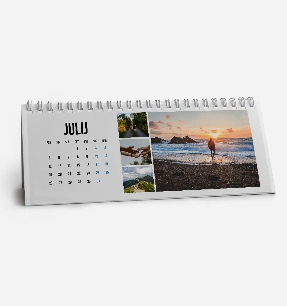 Calendar for July with scenic beach and sunset photos.
