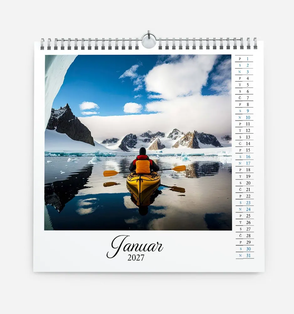 vertikal_k_4 Scenic January 2027 calendar featuring a kayaker in icy waters with mountains and clouds.