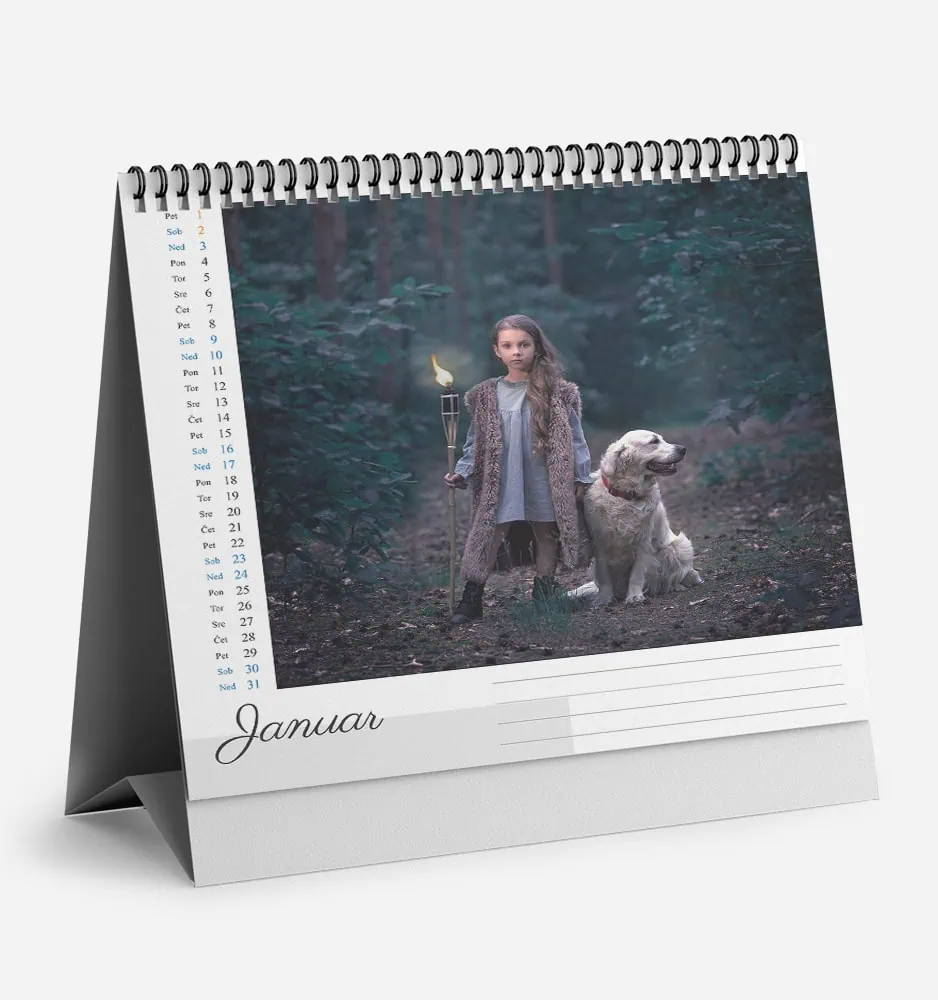 Young girl with a dog in a forest during dusk, holding a torch, January calendar page.