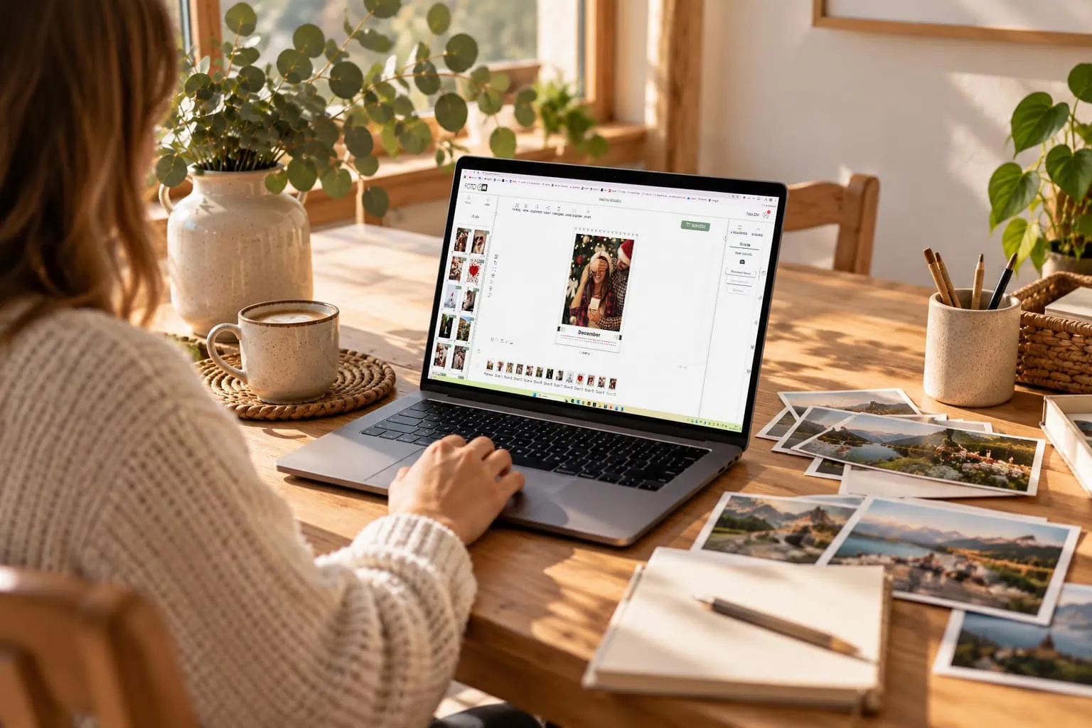 Woman editing photos on a laptop at a wooden table with plants and photos around.