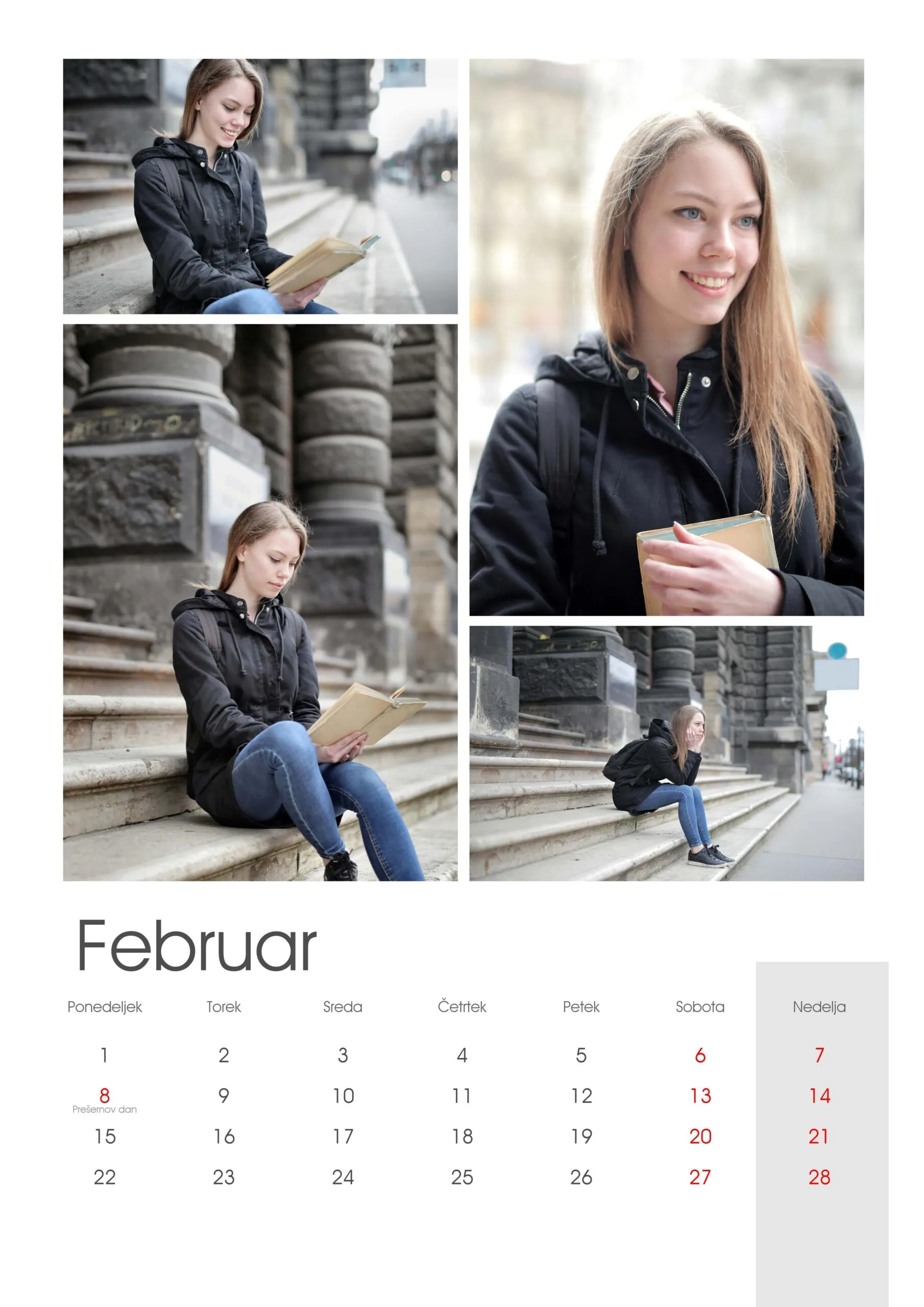 Young woman reading a book outdoors in an urban setting during February.