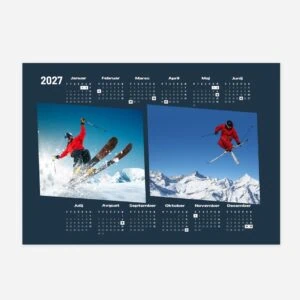 Skier performing jump in snowy mountain landscape for 2023 winter sports calendar.