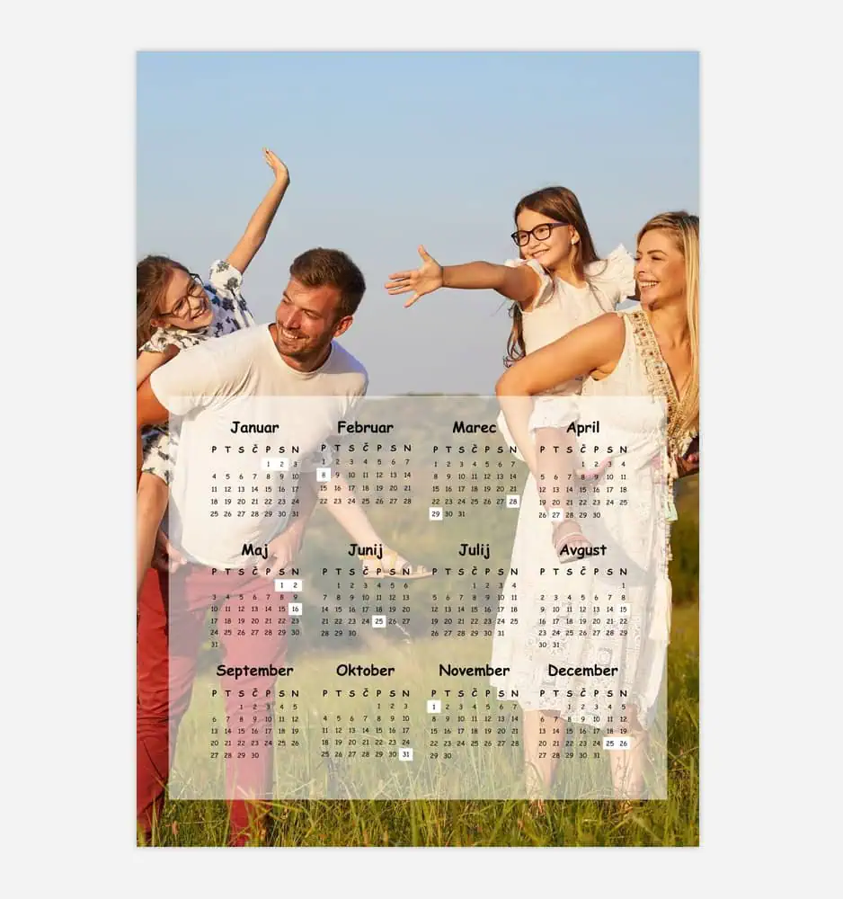 Happy friends enjoying outdoor fun with a calendar overlay in a grassy field.