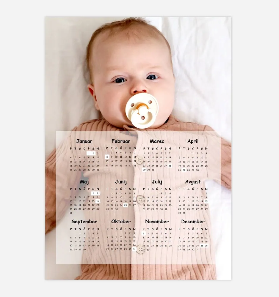 Baby with pacifier lying on bed with 2024 calendar overlay.