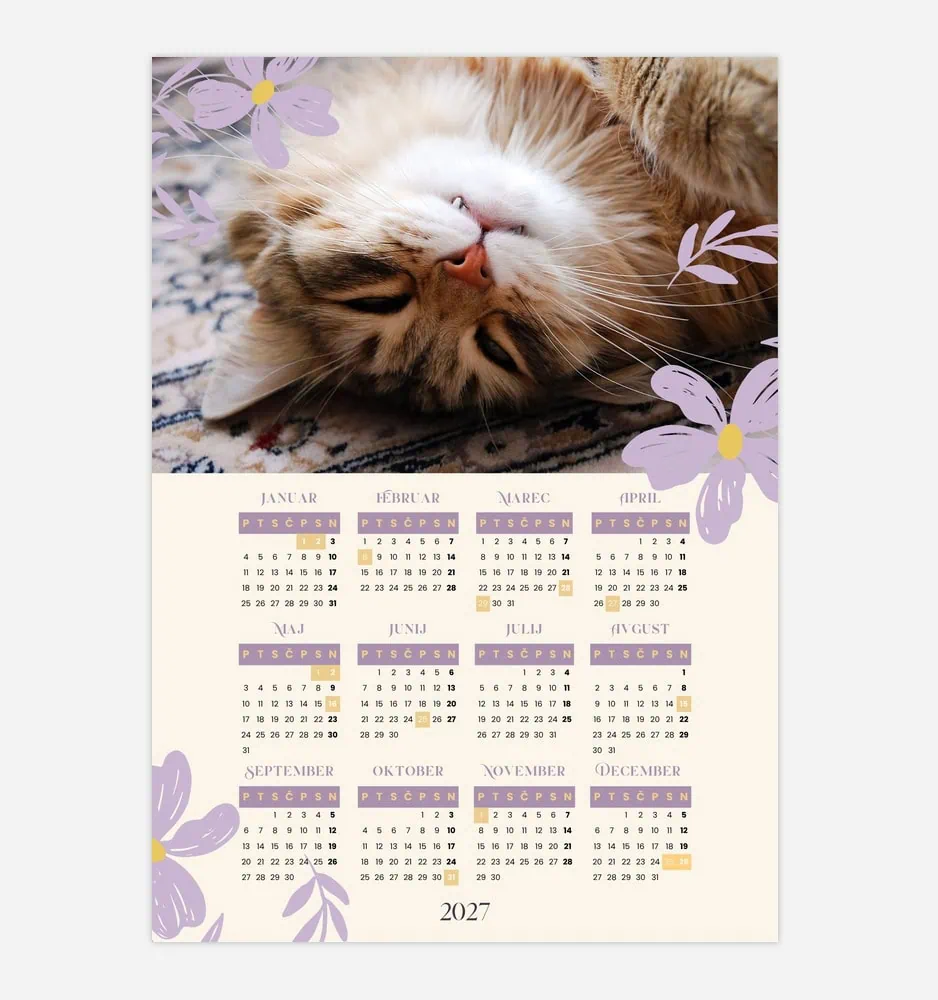 Cute sleeping tabby cat with purple floral accents on a 2027 calendar.
