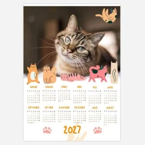 2023 calendar with cute cat illustrations and a photo of a tabby cat.