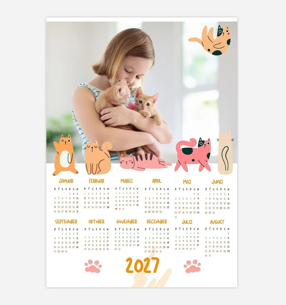 Cute girl holding two kittens with colorful cat illustrations on calendar 2027.