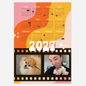 2022 colorful calendar with photos of a dog and a woman with flowers.