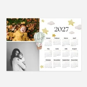 2027 calendar with photos of a child and a woman, gold stars, clouds, and a hot air balloon.