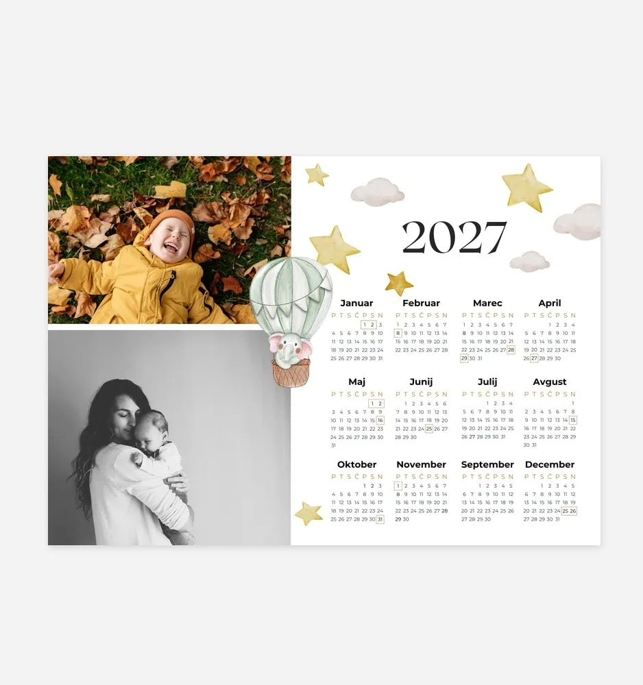 2027 calendar with photos of a child and a woman, gold stars, clouds, and a hot air balloon.