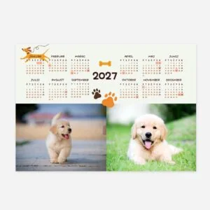 2027 calendar with adorable puppy photos and paw prints for pet lovers.