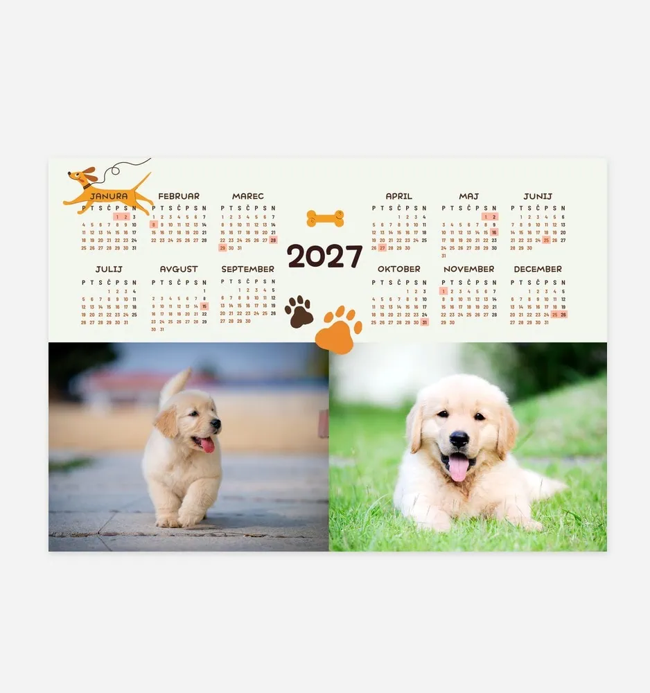 2027 calendar with adorable puppy photos and paw prints for pet lovers.