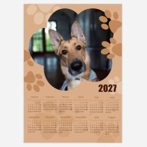 Cute dog looking at camera on a 2027 calendar background.