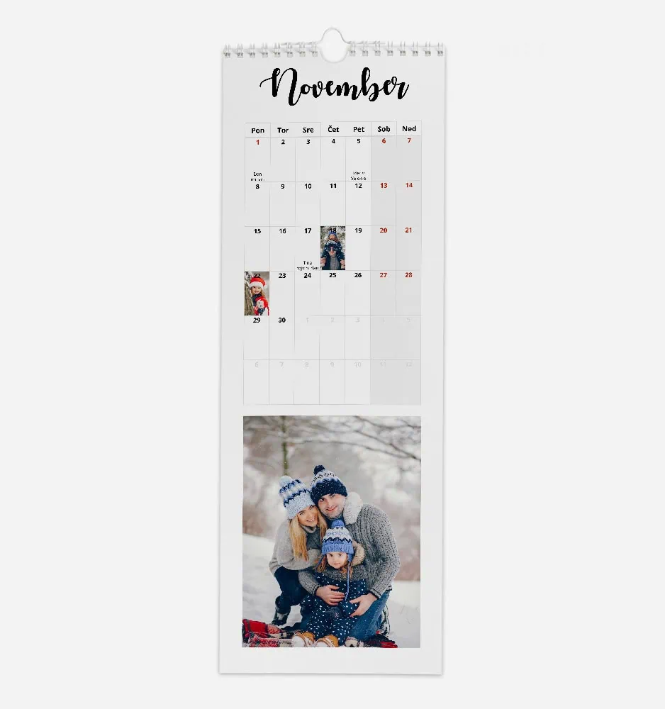 November calendar with family photo in winter setting.