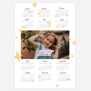 2021 calendar with a smiling girl and decorative stars for SEO.