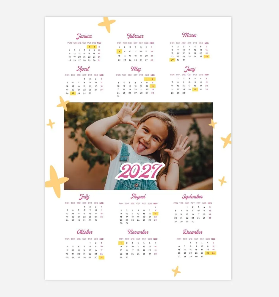 2021 calendar with a smiling girl and decorative stars for SEO.