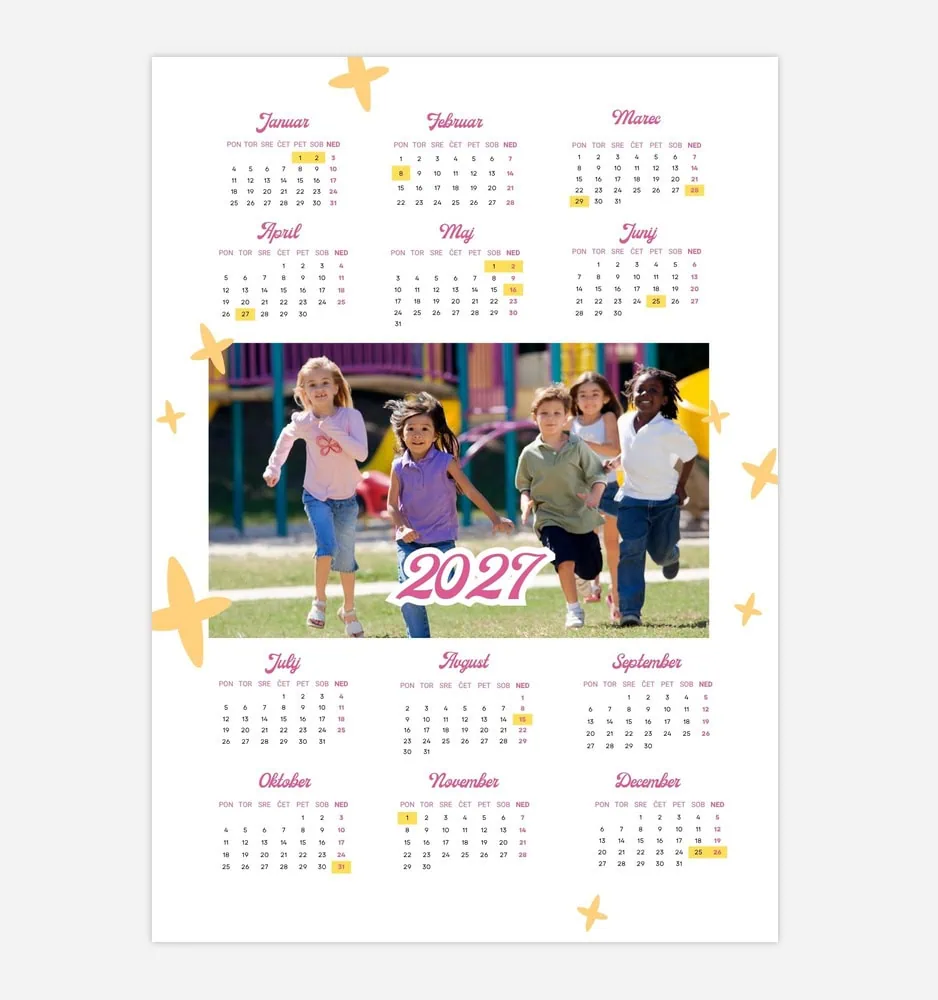 2027 calendar with children playing outdoors, colorful design, and star accents.