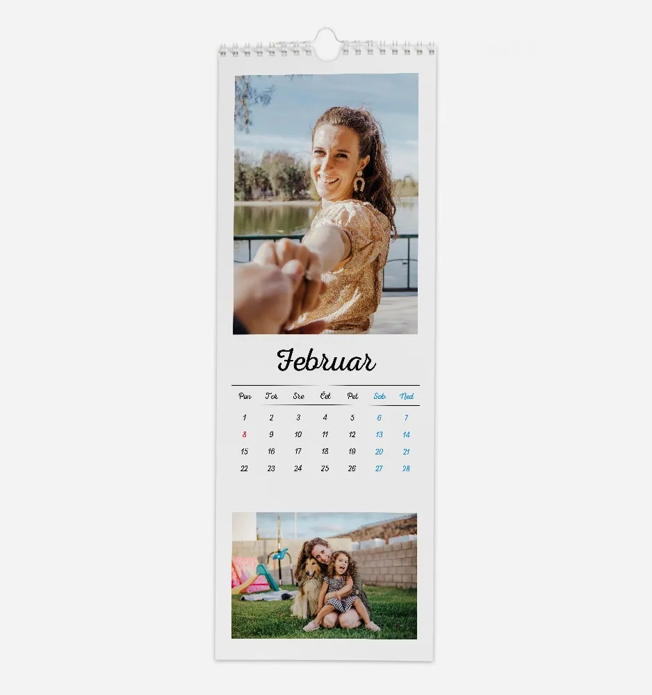 February calendar with a woman smiling and holding hands outdoors.