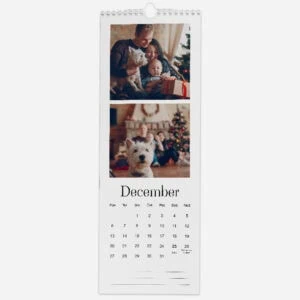 Family celebrating Christmas with dog and gifts in December calendar.