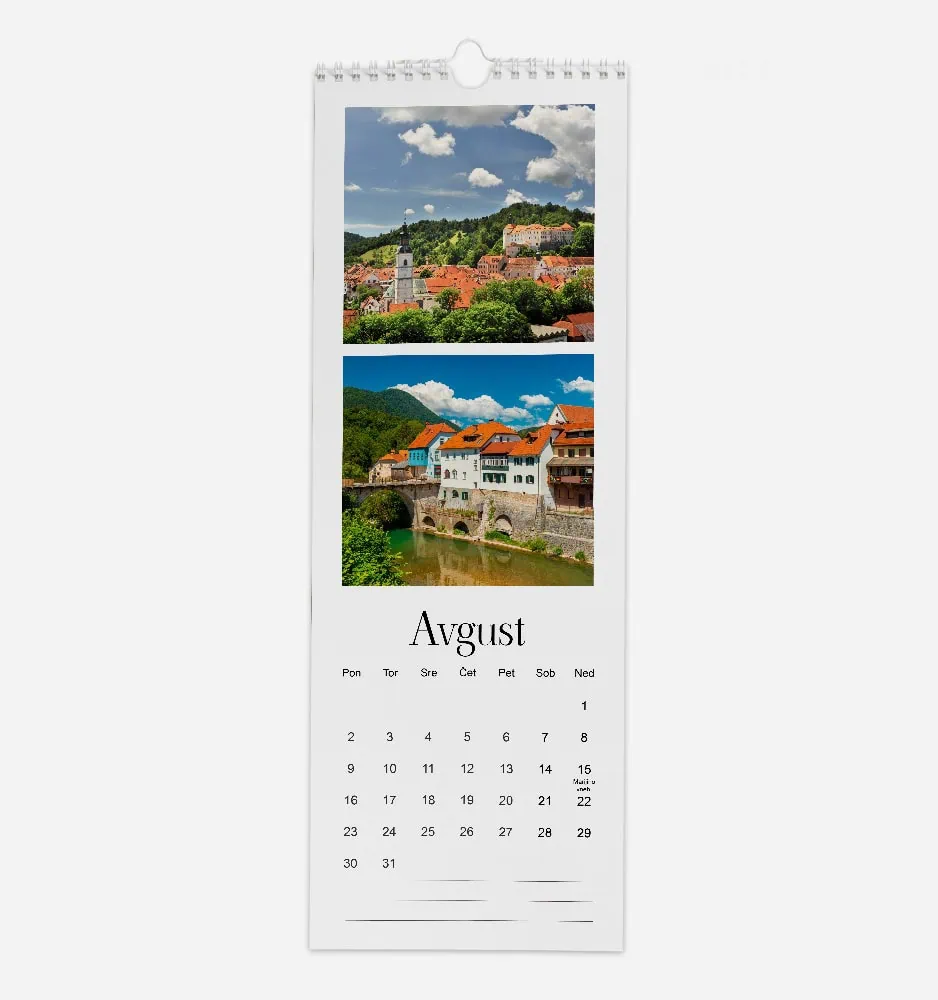 Scenic calendar page for August featuring Slovenian town with historic buildings and river.
