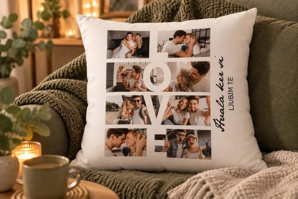 Personalized love-themed photo pillow with romantic images and text.
