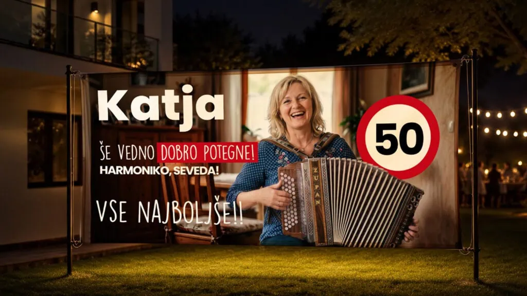 Outdoor banner celebrating Katja with accordion and 50 km/h speed limit sign.