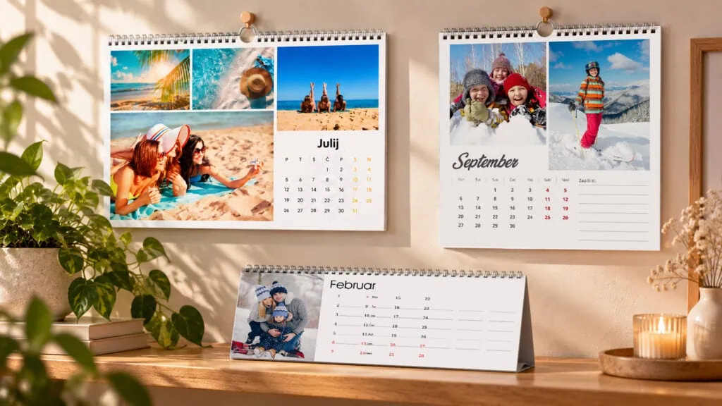 Decorative desk calendar with beach and winter scenes for 2024, featuring vibrant photos.