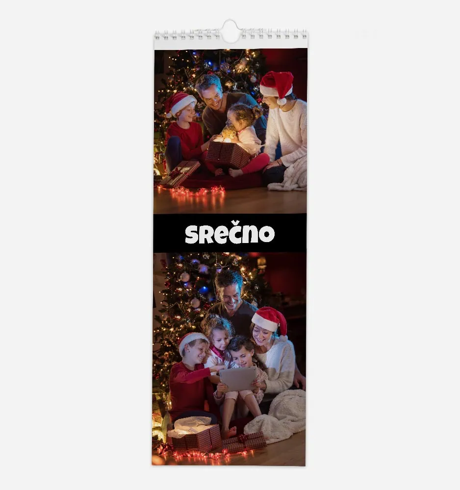 Family celebrating Christmas with gifts and Santa hats near decorated tree.