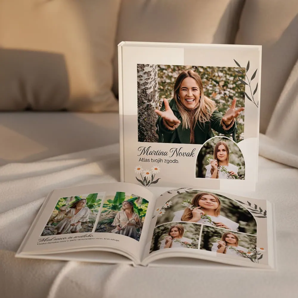 Personalized photo album with a smiling woman and a young girl outdoors.