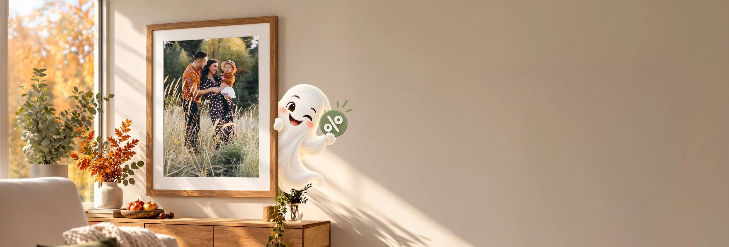 Decorative interior with framed photo, plants, and cheerful ghost figurine.