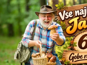 Happy senior man holding a mushroom in a forest setting with a wooden sign.
