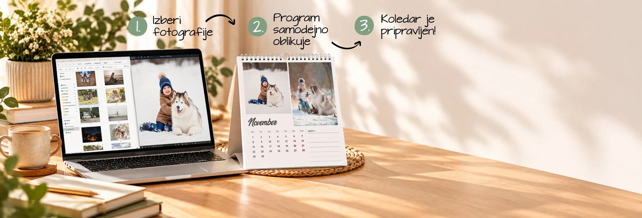 Laptop and desk calendar displaying photography portfolio and schedule.