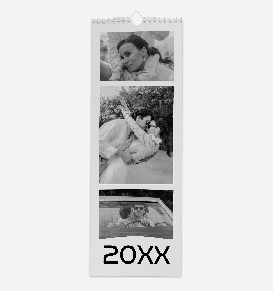 Black and white photo strip of a woman and a couple in a car, with a 20XX date at the bottom.
