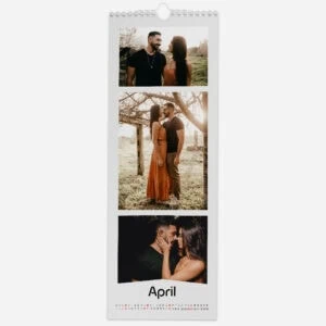 Romantic couple photoshoot for April calendar page with nature backgrounds.