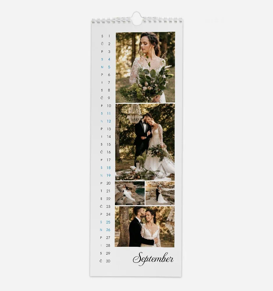Elegant wedding calendar for September with romantic photos of bride and groom.