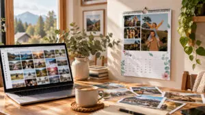 Cozy workspace with a laptop, printed photos, and a calendar featuring outdoor mountain scenes.